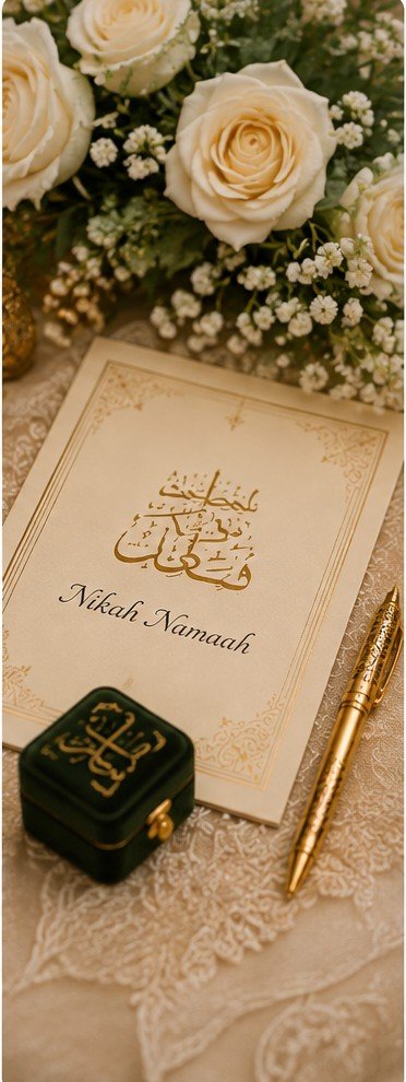 A Nikah Namah document with flowers and a gold pen
